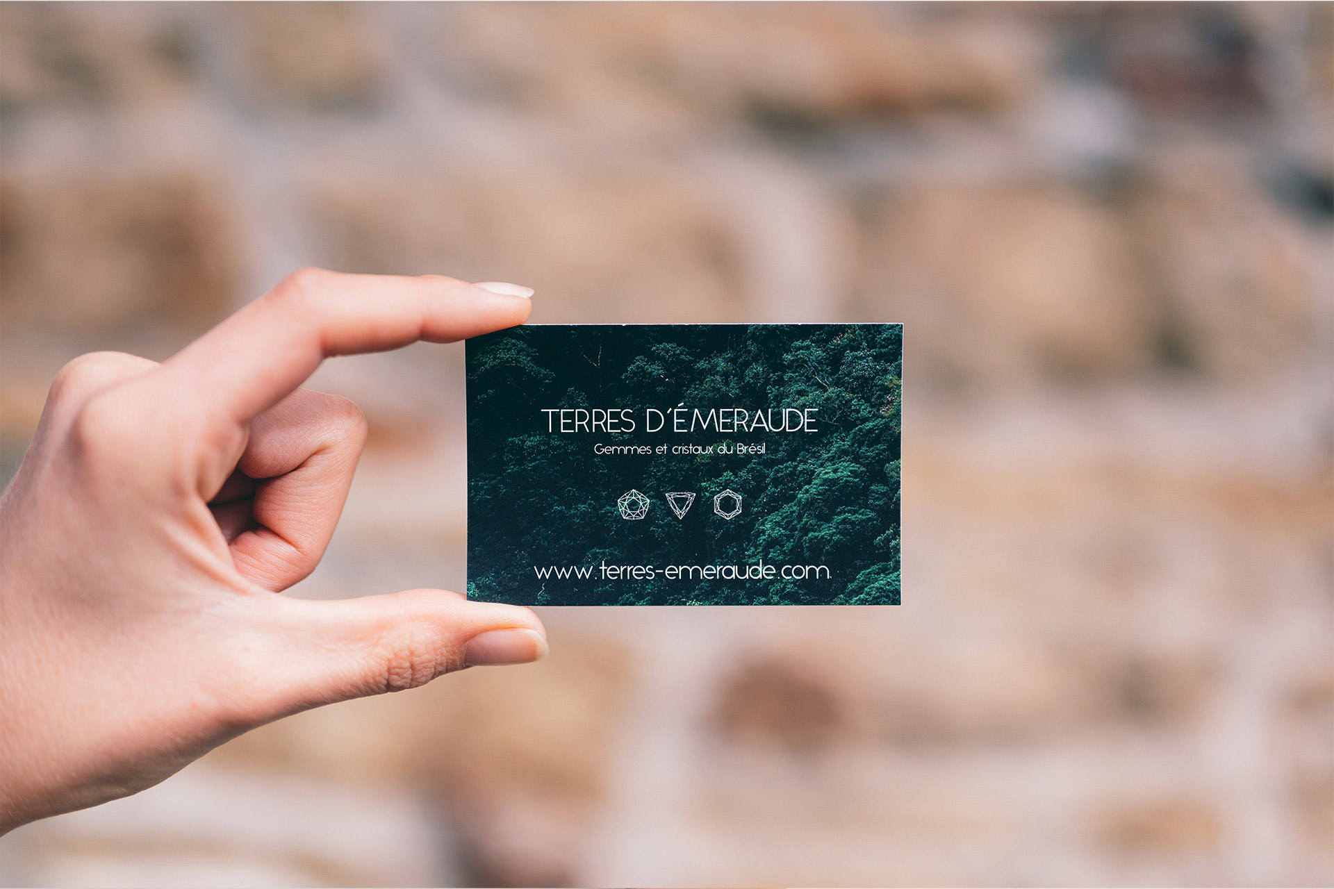 Hand holding a professionally designed business card with a nature-inspired background, an example of creative business card printing in Calgary.